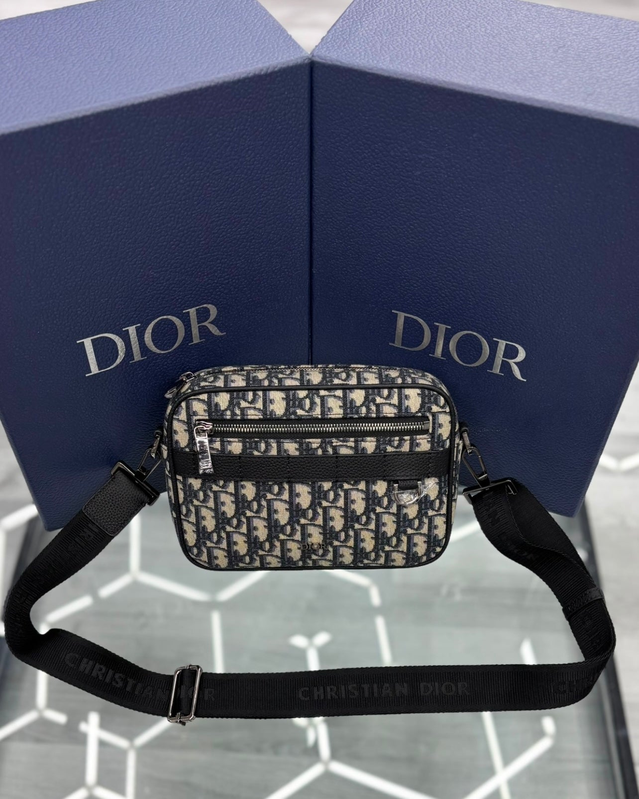 Dior Mini Safari Bag Beige and Black Oblique with Strap
