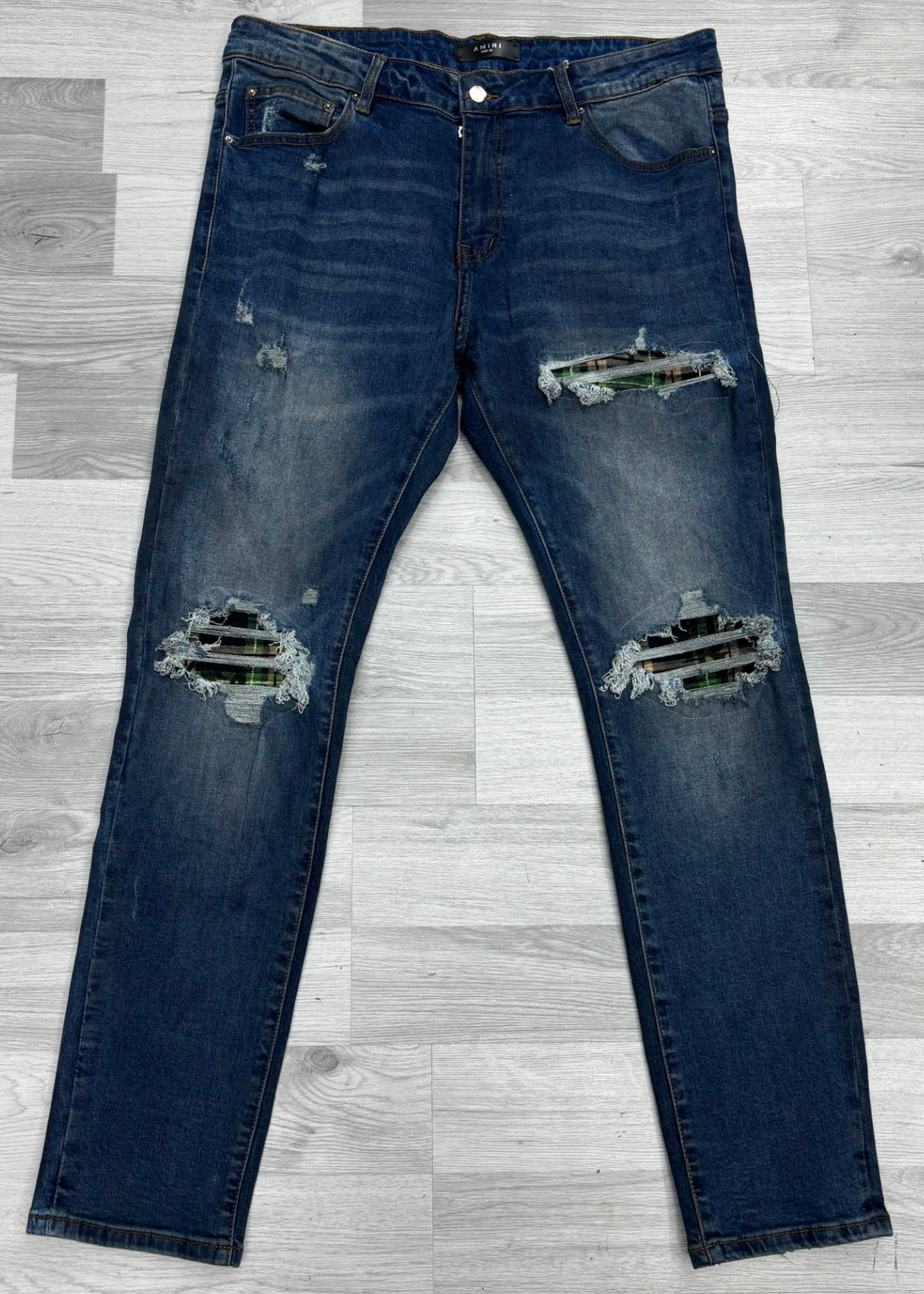 Amiri Distressed Flannel MX1 Blue Jeans