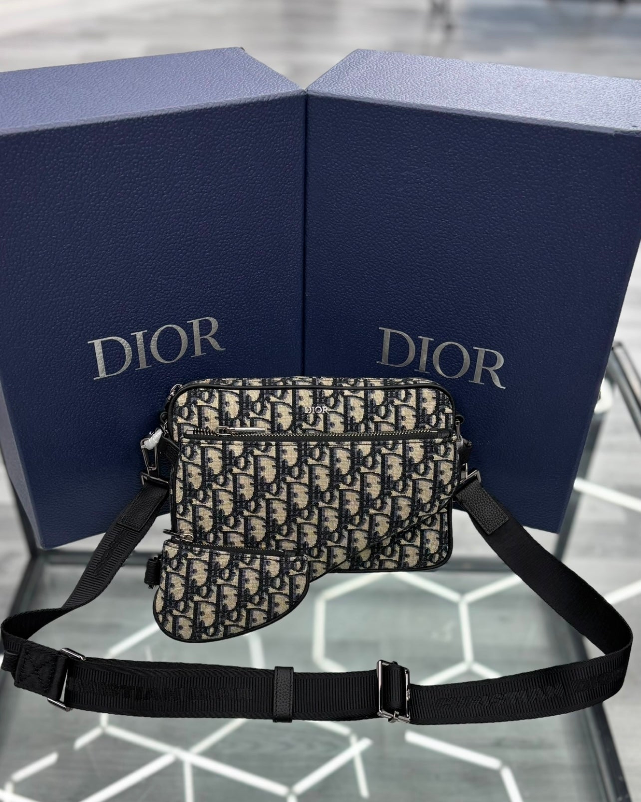 Dior Saddle Black and Beige Oblique Triple Pouch
