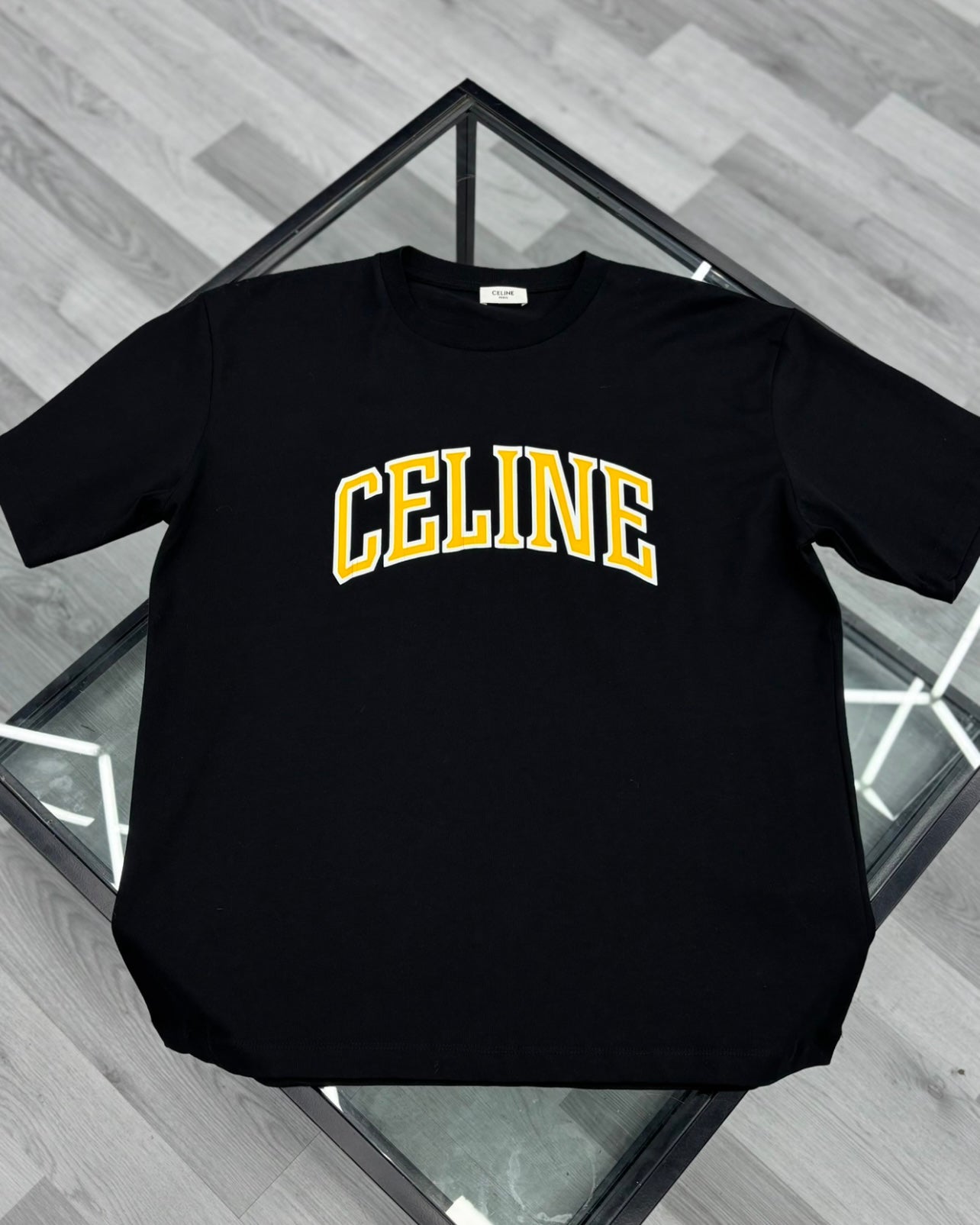 Celine Black and Yellow College Logo T Shirt