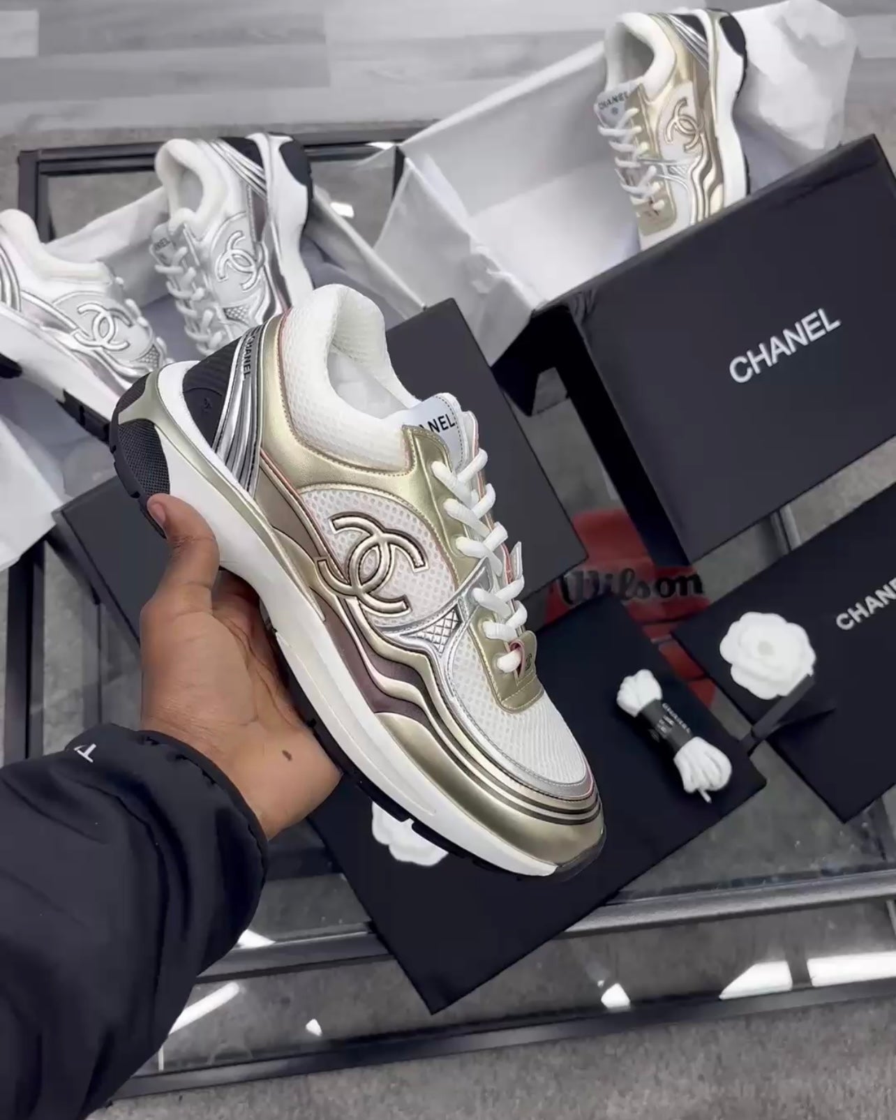 Chanel CC Logo Gold Metallic Runners