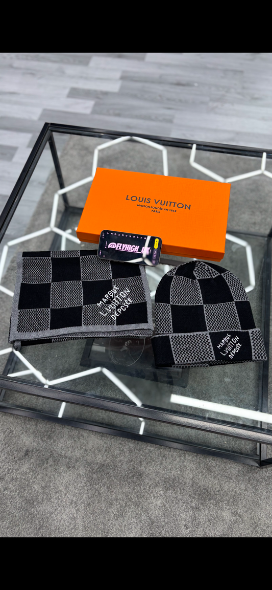 Louis Vuitton Black Damier Heritage Hat & Scarf Set
